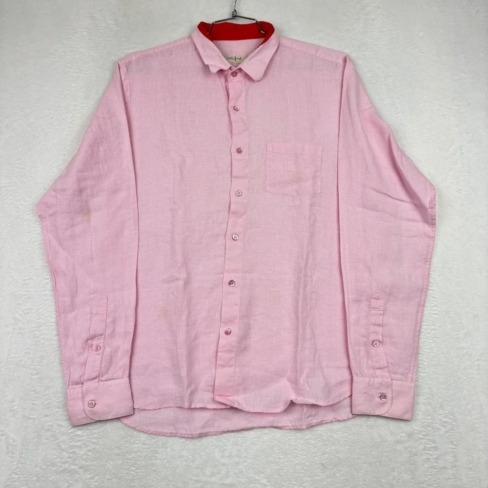 Mister French Mens XL Pink Linen Long Sleeve Button Down Shirt Red Collar Accent - Picture 1 of 8